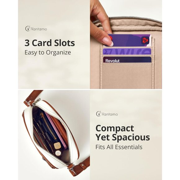 Minimalist White & Brown Crossbody Bag for Women, RFID Blocking, Adjustable Stra - Picture 3 of 7